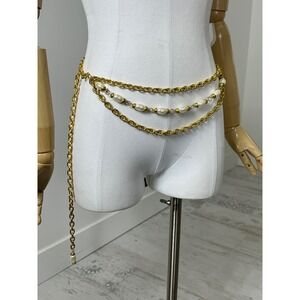 Gold Tone Multi Layer Chain Belt Faux Pearls Dangle Accents One Size